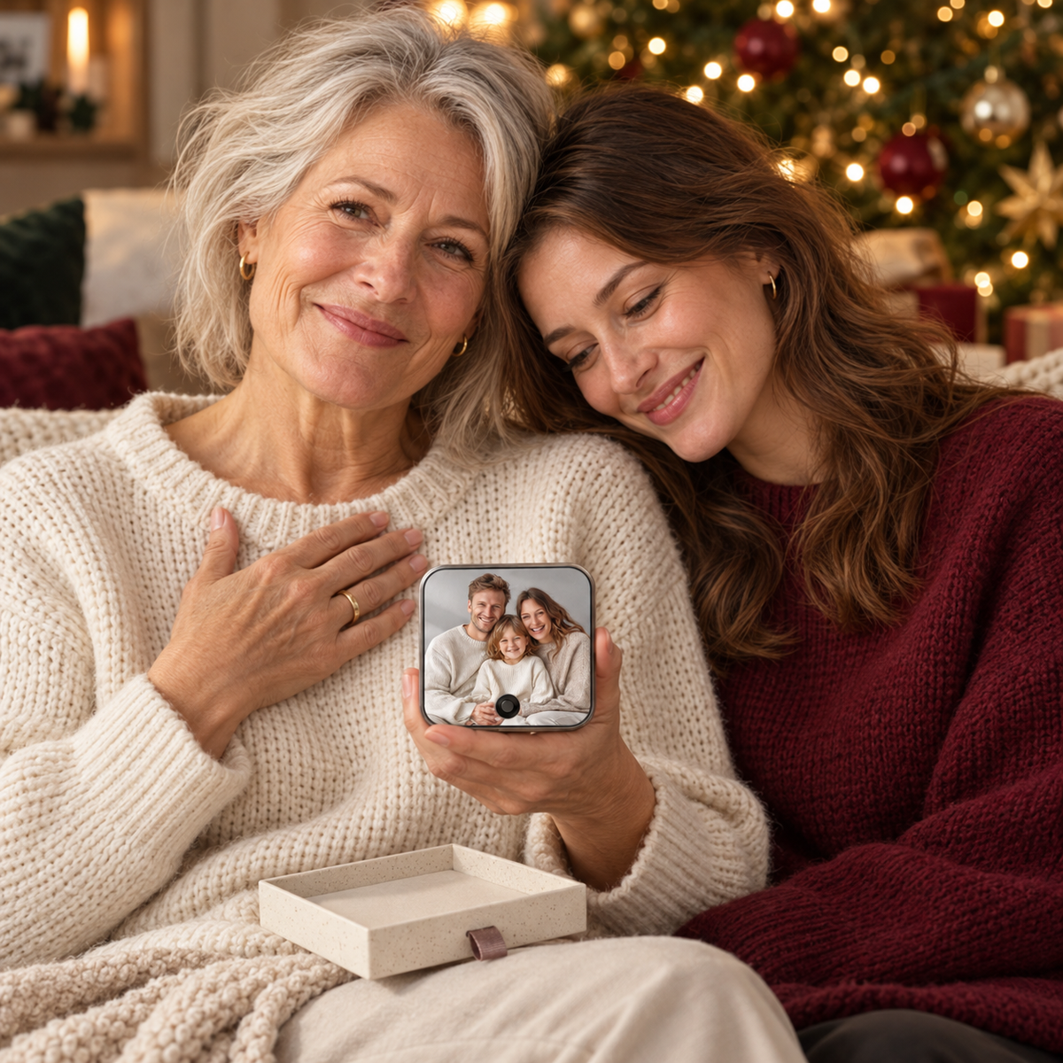 Moeder en dochter met een muziekbox met familiefoto, kerstboom op de achtergrond