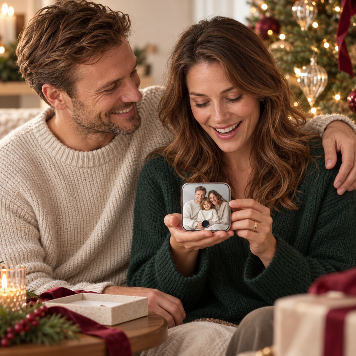 Stel dat samen een muziekbox met familiefoto bekijkt, kerstboom op de achtergrond