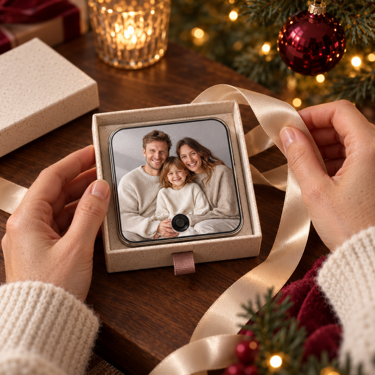 Muziekbox met familiefoto in een luxe geschenkverpakking met lint, onder de kerstboom